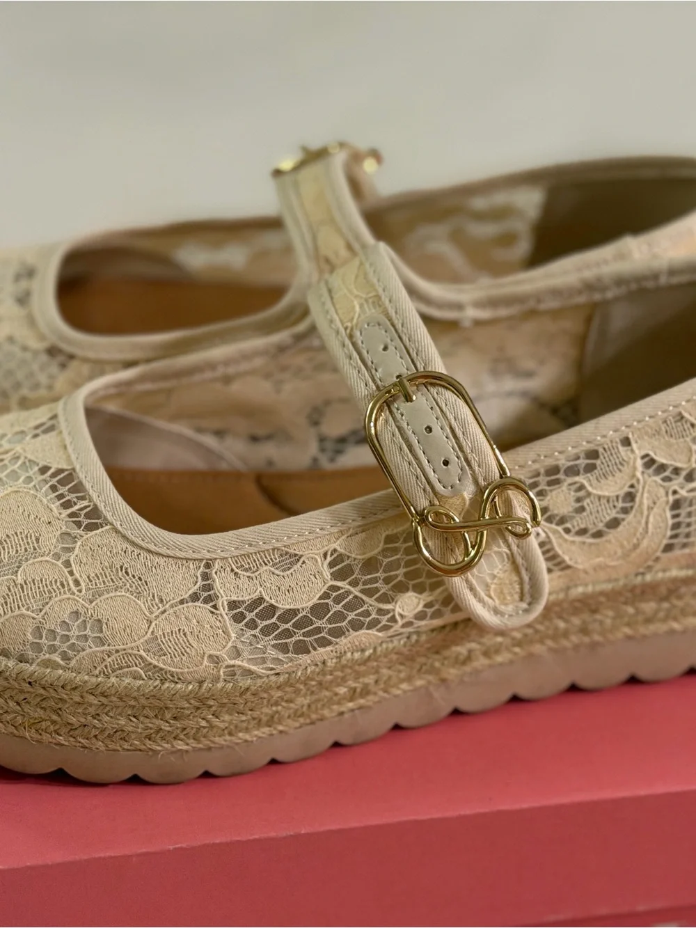 Sam & Libby Cream Lace Mary Jane Espadrille Flats with Gold Buckle